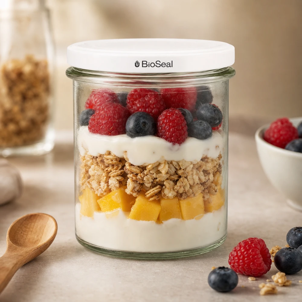 Copos de vidro de 350 ml com tampa branca UNiTWIST BioSeal UNiTWIST Sturz350 als stylisches Dessertglas mit Beeren Granola und Joghurt zeigt moderne Küchenästhetik TO82 BioSeal