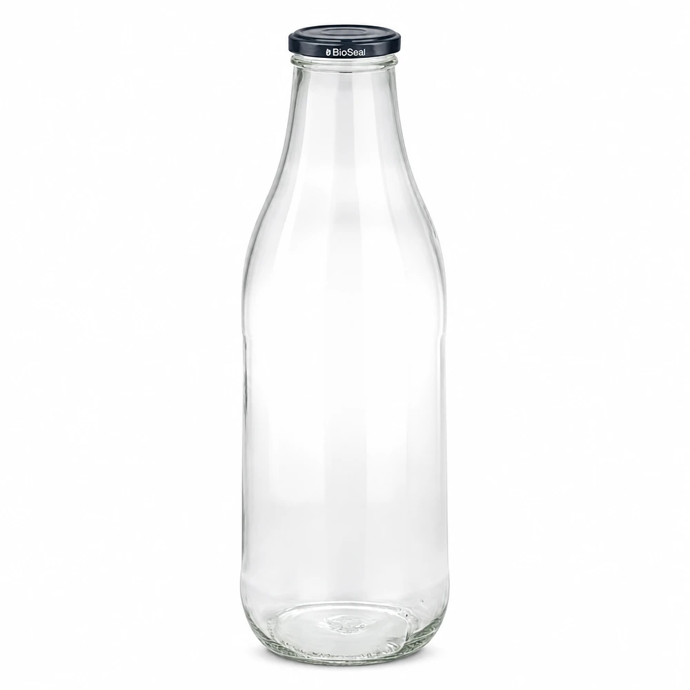 Garrafa de vidro de 1000 ml + tampa BioSeal preta UNiTWIST Garrafa de vidro de 1000 ml com tampa preta BioSeal garrafa de leite transparente vazia garrafa de sumo sustentável