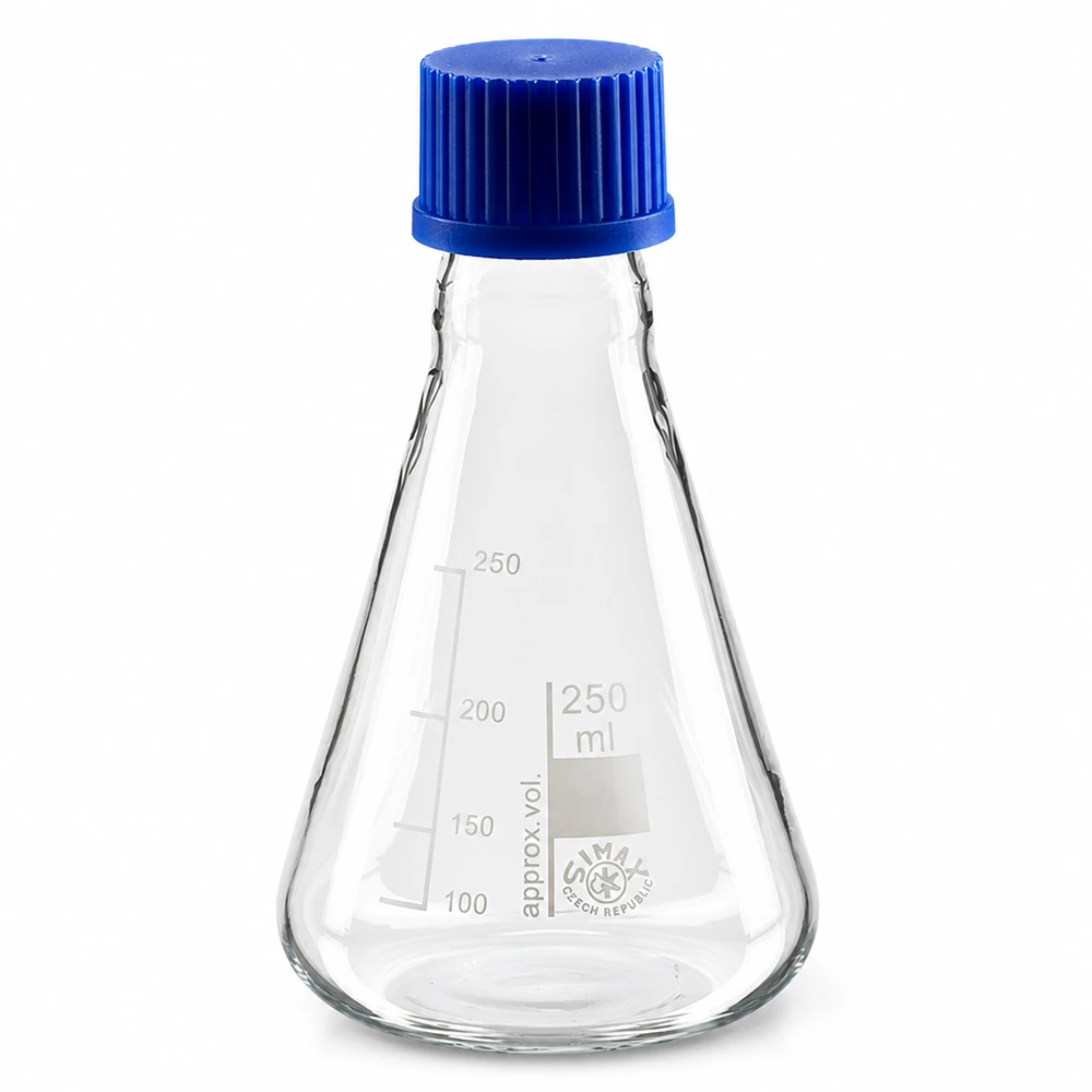 Erlenmeyer 250ml com tampa de rosca Frasco Erlenmeyer de 250 ml em vidro com tampa de rosca azul para aplicações laboratoriais