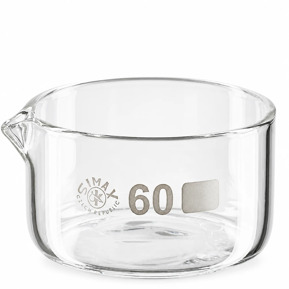 Prato de cristalização de 60ml com bico de borosilicato ø60mm Taça de cristalização de 60 ml, em vidro borossilicato, com bico vertedor, transparente, cilíndrica, Simax, República Checa