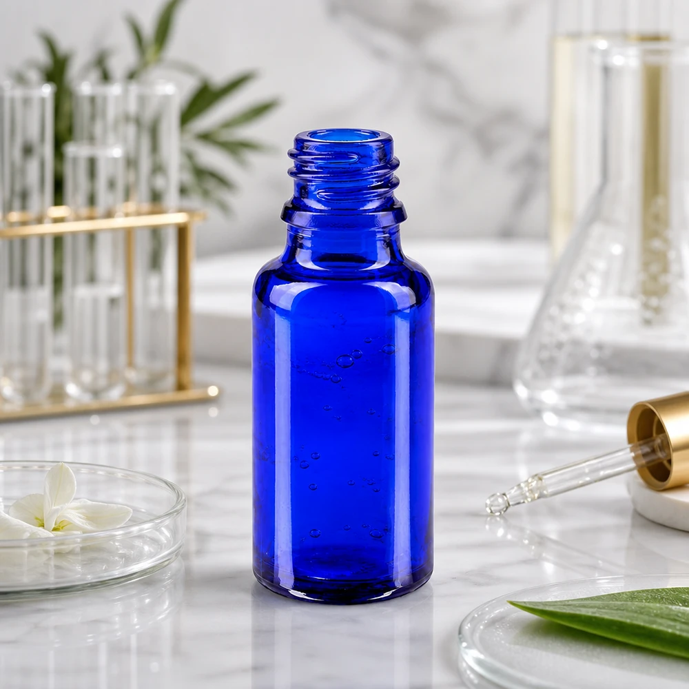 Frasco ApoGlas de 20 ml em azul elegante com uma prática tampa de conta-gotas para uma dosagem precisa