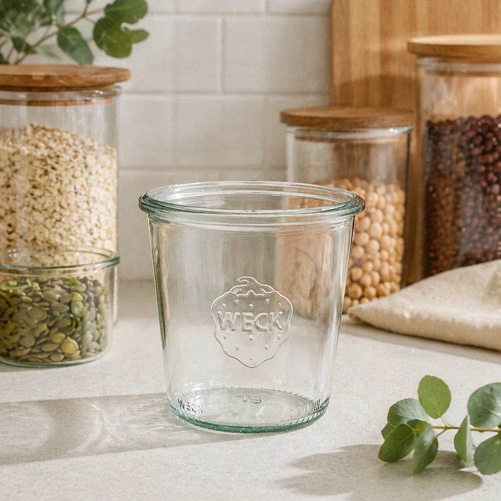 Frasco de vidro alto de 290 ml WECK RR80 Frasco de vidro alto WECK RR80 de 290 ml para arrumação na cozinha Conservação em bancada branca com frascos de arrumação