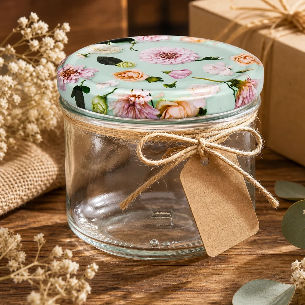 Frasco cilíndrico vazio de 230 ml com tampa BasicSeal hortelã floral como ideia de presente - frasco de arrumação decorado com fita de juta