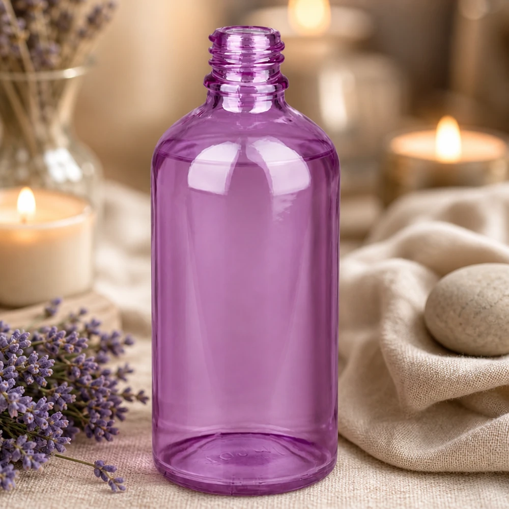 Frasco de farmácia PurpleLine 100ml com design elegante em roxo para beleza e spa