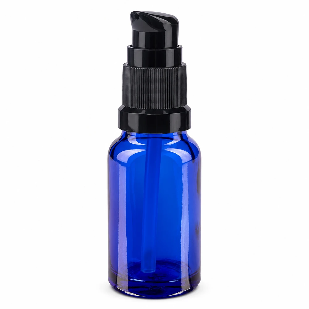 Frasco de farmácia azul 10ml tampa pump preto standard Frasco de vidro azul de 10 ml com bomba preta, fabricado em vidro farmacêutico de alta qualidade