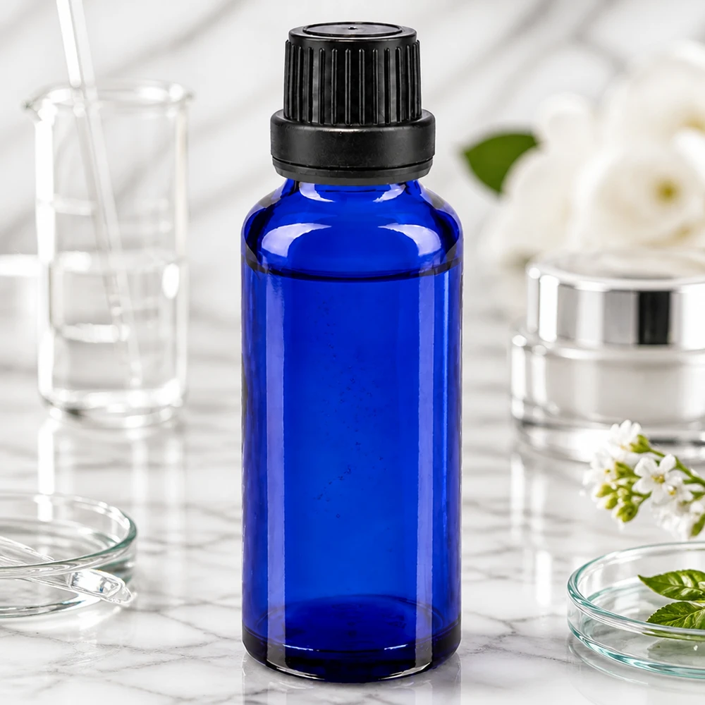 Frasco de farmácia azul 30ml tampa de rosca preta bico de enchimento inviolável Frasco conta-gotas azul-escuro de 30 ml, em vidro de farmácia, com tampa de rosca à prova de crianças de 11 mm