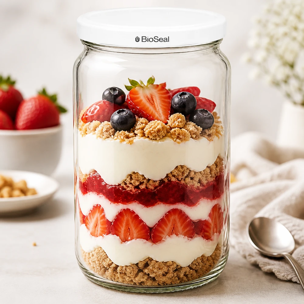 Copo de sobremesa UNiTWIST Runda795 com iogurte em camadas e parfait de frutos silvestres - versátil para criações doces e sobremesas