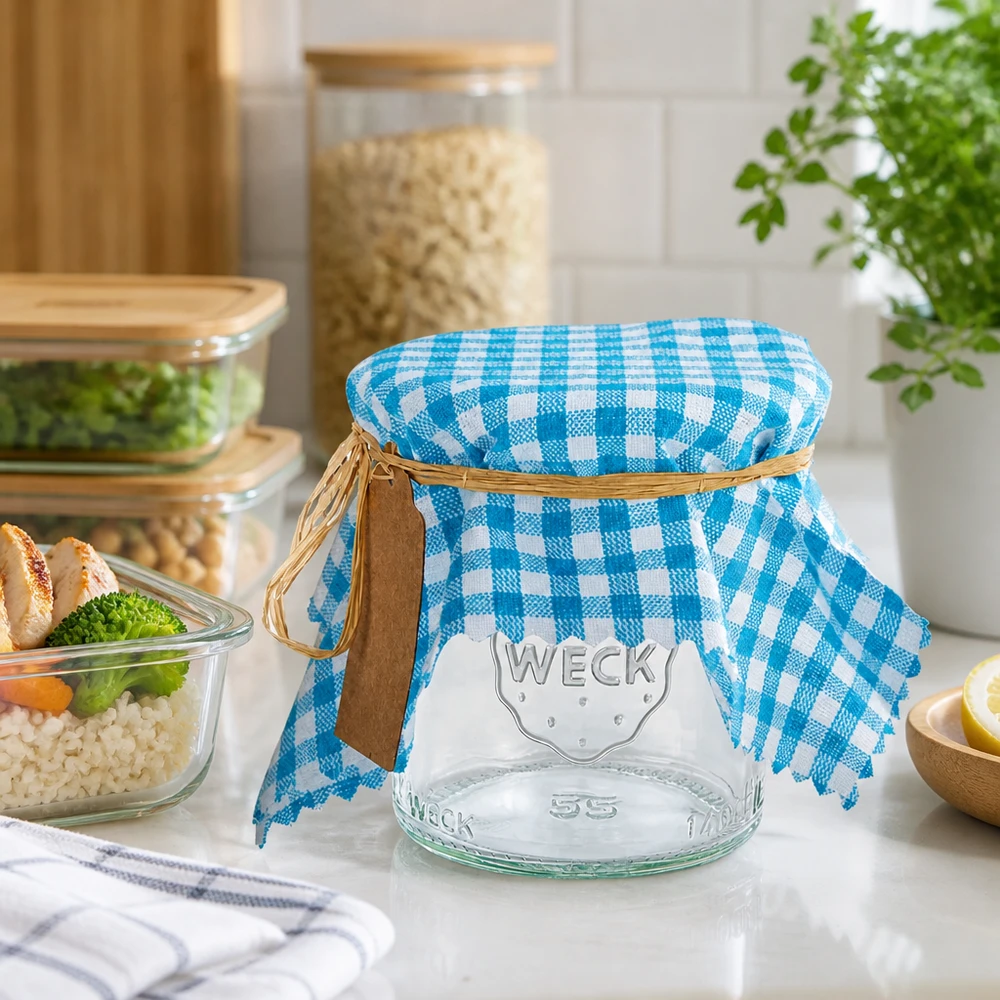 Guardanapo de tecido axadrezado turquesa e branco num frasco disposto entre recipientes de arrumação numa cozinha moderna
