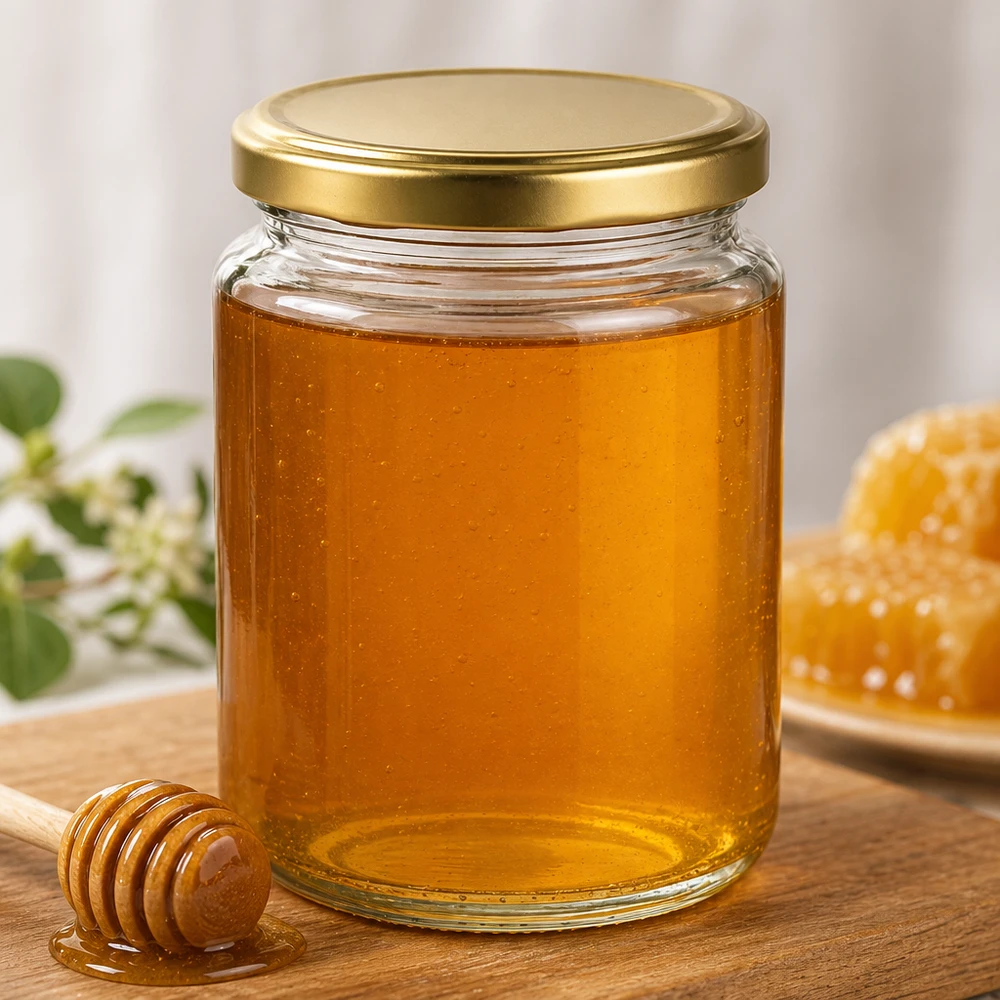 Frasco de mel BasicSeal de 450 g com tampa dourada cheio de mel líquido Colher de madeira para mel Favo de mel Apicultura Produto natural