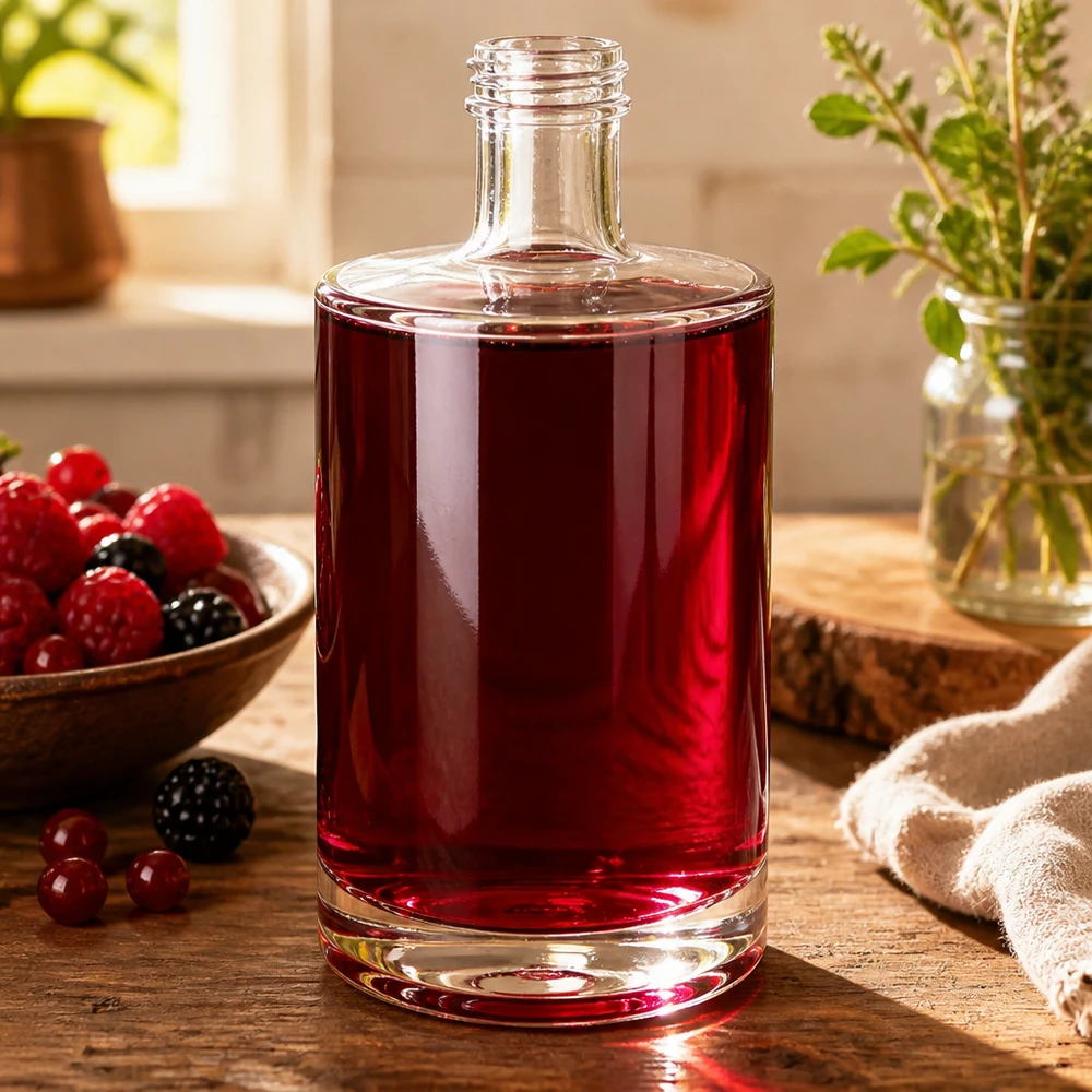 500ml Glasflasche "Sam" ohne Schraubverschluss UNiTWIST Garrafa de vidro de 500 ml Sam cheia de sumo de bagas vermelhas decoração mesa de madeira bagas ervas ambiente natural
