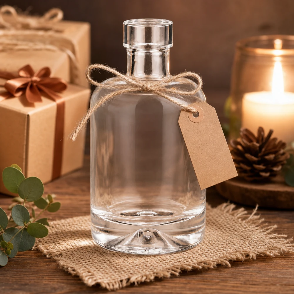 Frasco de vidro de 50 ml Amelie vazio com decoração de presente e vela mostra uma apresentação nobre como embalagem de presente