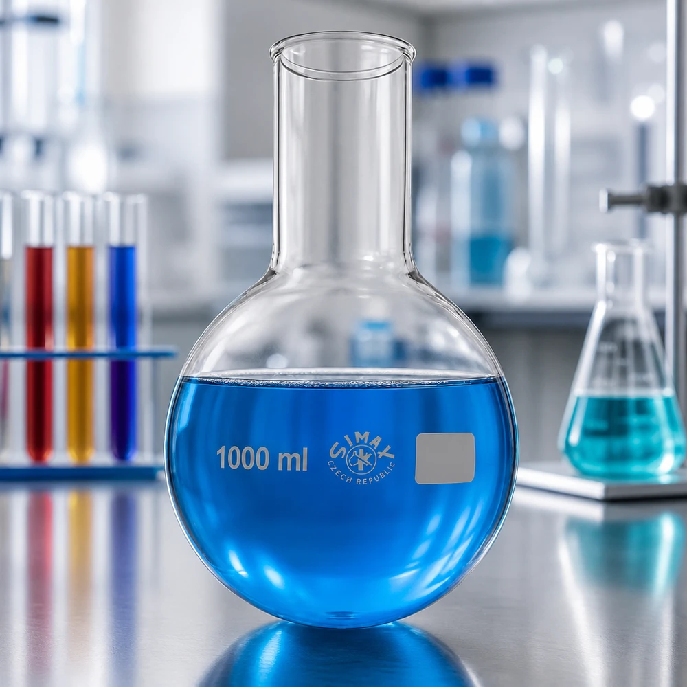 Balão de fundo redondo de 1000 ml com gargalo largo para facilitar o enchimento e a limpeza no laboratório de química