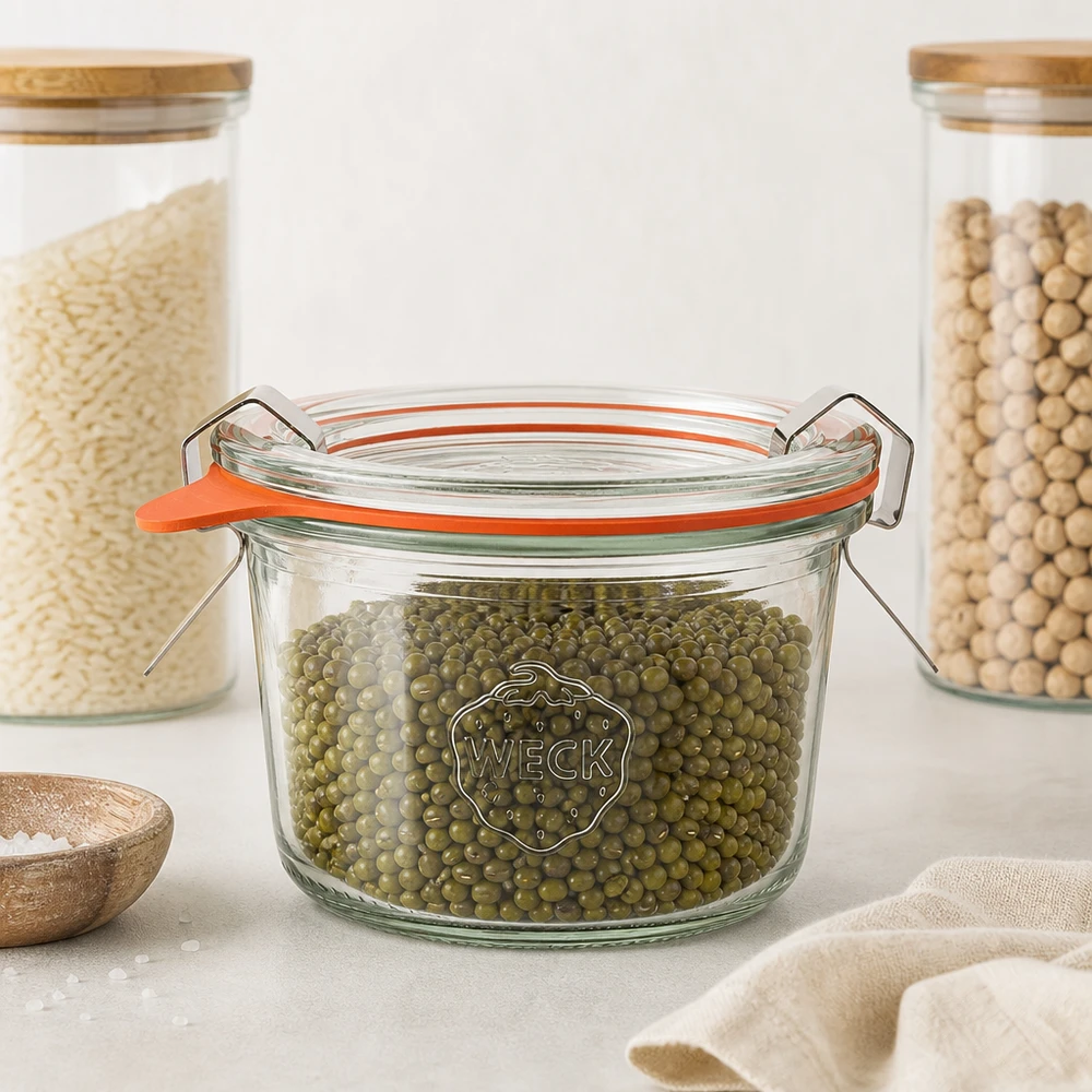 Os copos WECK 80ml RR60 com feijão-mungo verde na cozinha de arrumação moderna mostram a arrumação hermética das leguminosas
