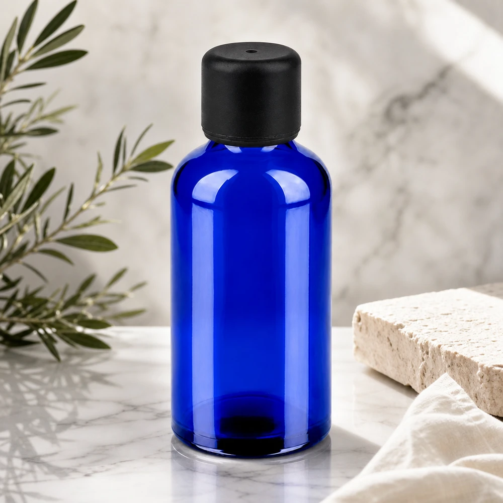 Frasco de vidro azul de alta qualidade de 50 ml com tampa preta mate para produtos cosméticos profissionais