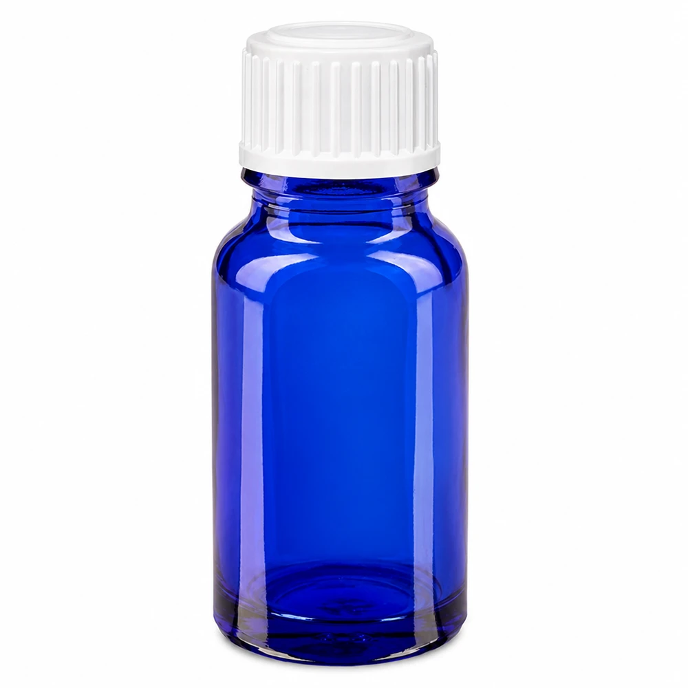 Frasco de vidro azul de 10 ml com tampa de rosca branca para farmácias e o setor farmacêutico