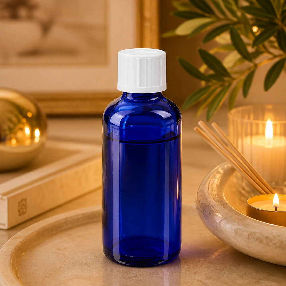 Frasco de vidro azul de 50 ml com tampa de rosca branca e segurança para crianças, num ambiente de bem-estar
