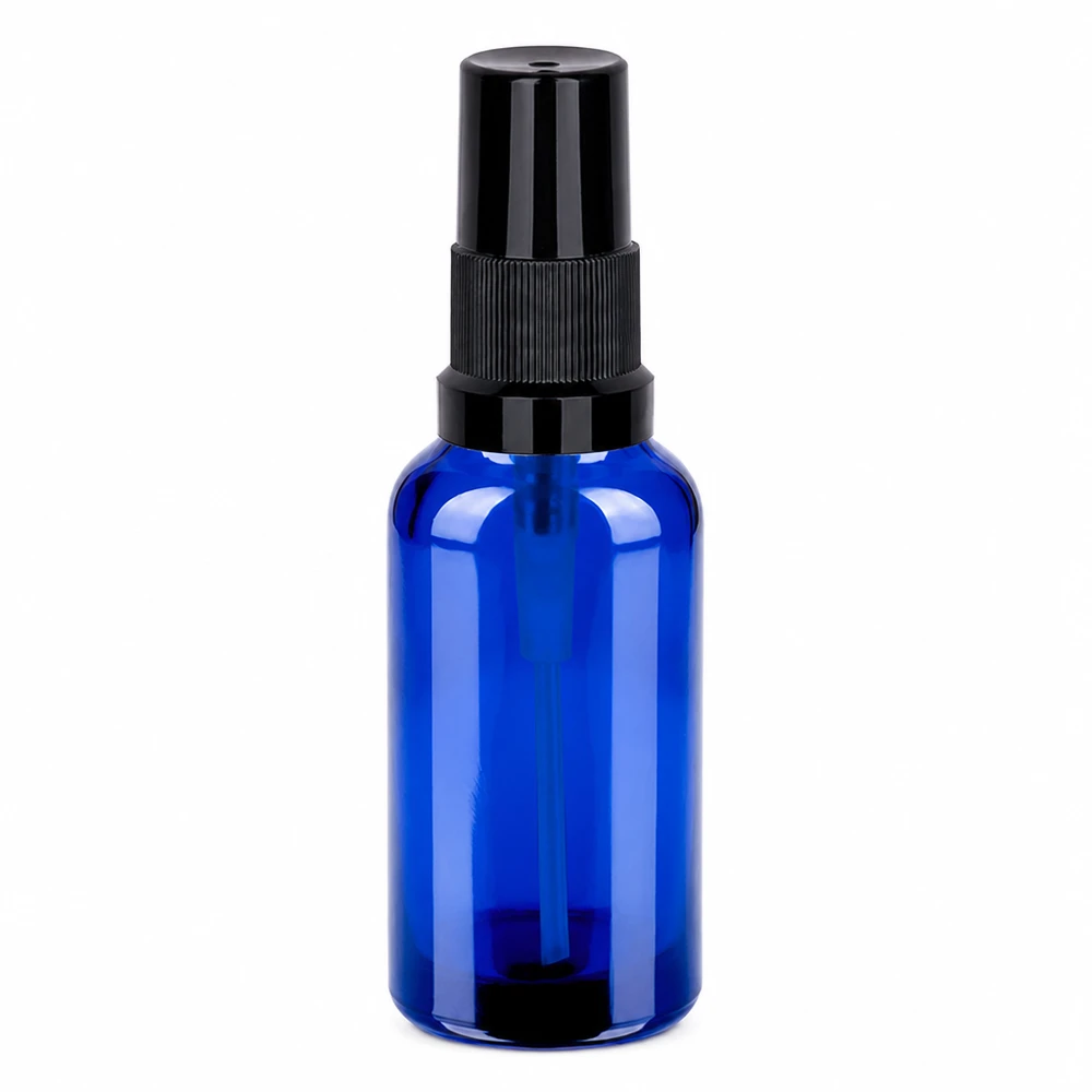 Frasco pulverizador de 30 ml azul com cabeça de bomba preta para óleos essenciais e cosméticos