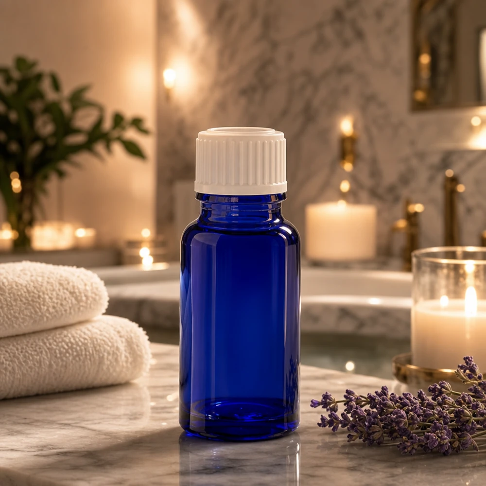 Frasco de vidro de 10 ml em azul cobalto, com abertura de 3 mm e tampa branca de farmácia, na secção de spa