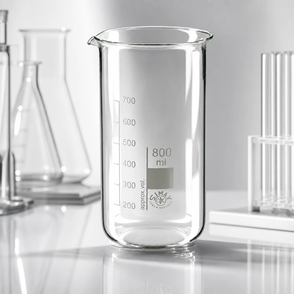 Béquer 800ml de vidro de borosilicato, forma alta Béquer de laboratório transparente de 800 ml, de formato alto, em vidro borossilicato resistente ao calor da SIMAX