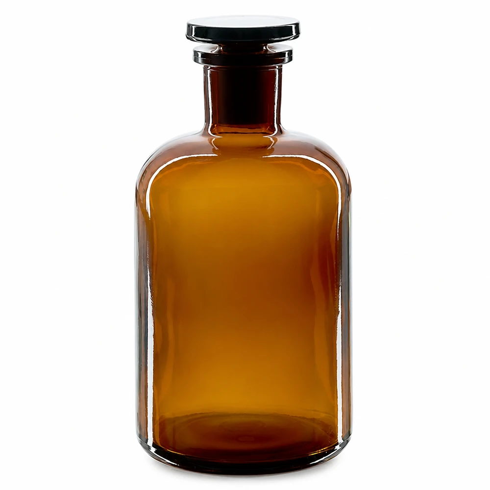 Garrafa com ombro redondo 500ml castanha com gargalo estreito e rolha de vidro Garrafa castanha de ombro arredondado, 500 ml, com rolha de vidro e gargalo estreito, para aplicações laboratoriais