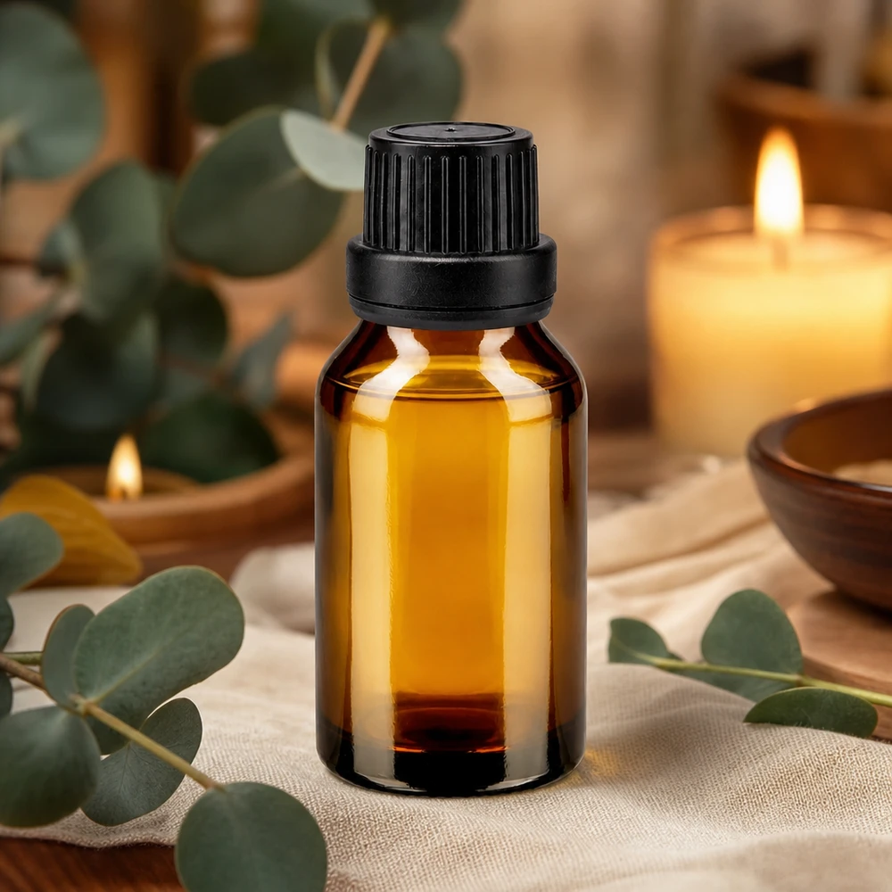 Garrafa de vidro cor de âmbar de 15 ml com tampa de rosca preta para óleos essenciais