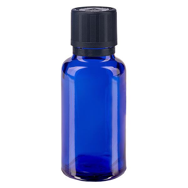 Frasco de farmácia azul 20ml tampa conta-gotas anel de derrame 1mm preto fecho de segurança para crianças símbolo de aviso cego fecho inviolável