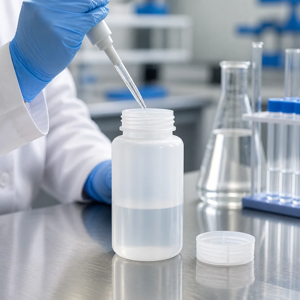 Frasco de laboratório de 1000ml com gargalo largo e tampa de rosca Um técnico de laboratório pipeta líquido para um frasco de laboratório de HDPE de gargalo largo com 1 000 ml, cuja tampa de rosca está aberta
