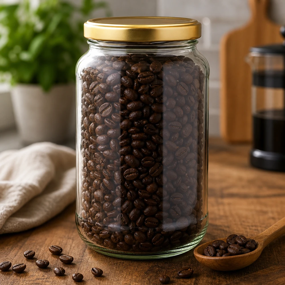 Frasco redondo de 1700 ml com tampa BasicSeal dourada UNiTWIST Frasco redondo de 1700 ml com tampa dourada BasicSeal cheio de grãos de café sobre tábua de madeira na cozinha mostra a arrumação