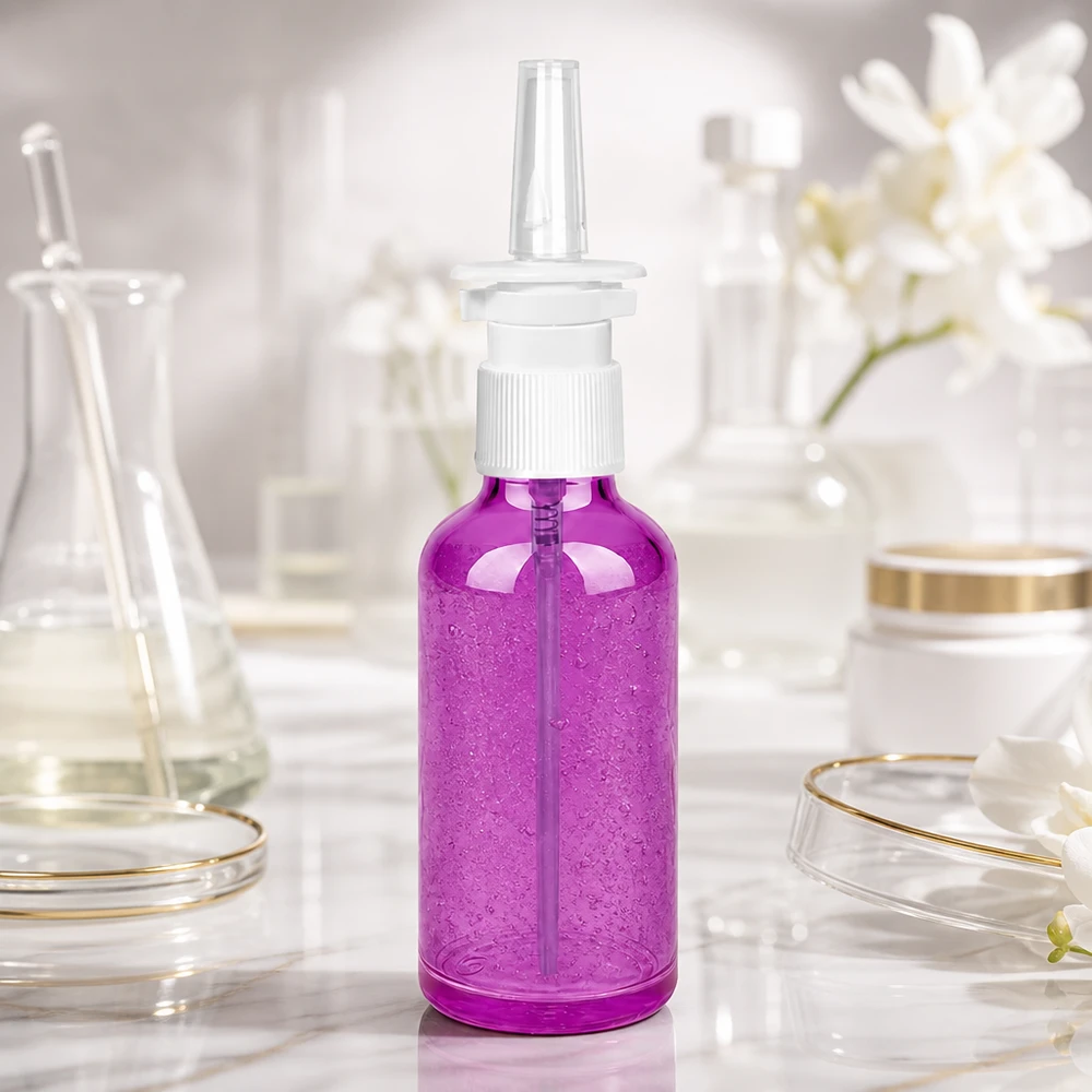 Frasco de spray nasal de 50 ml branco/transparente padrão PurpleLine. UT18/50 Frasco de spray nasal premium de 50 ml com design ergonómico em roxo para um manuseamento confortável
