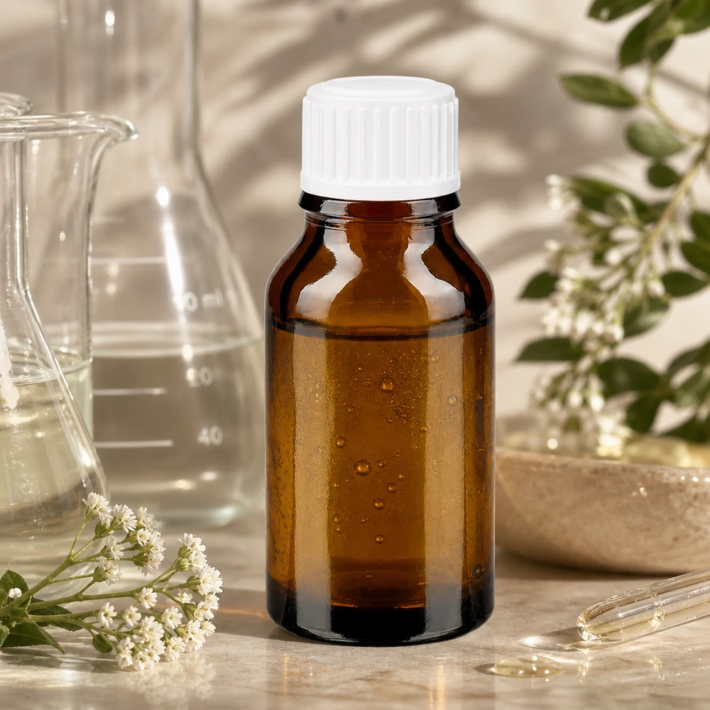 Frasco de farmácia de 30 ml, de cor âmbar, com tampa branca, rodeado por plantas medicinais e instrumentos de laboratório