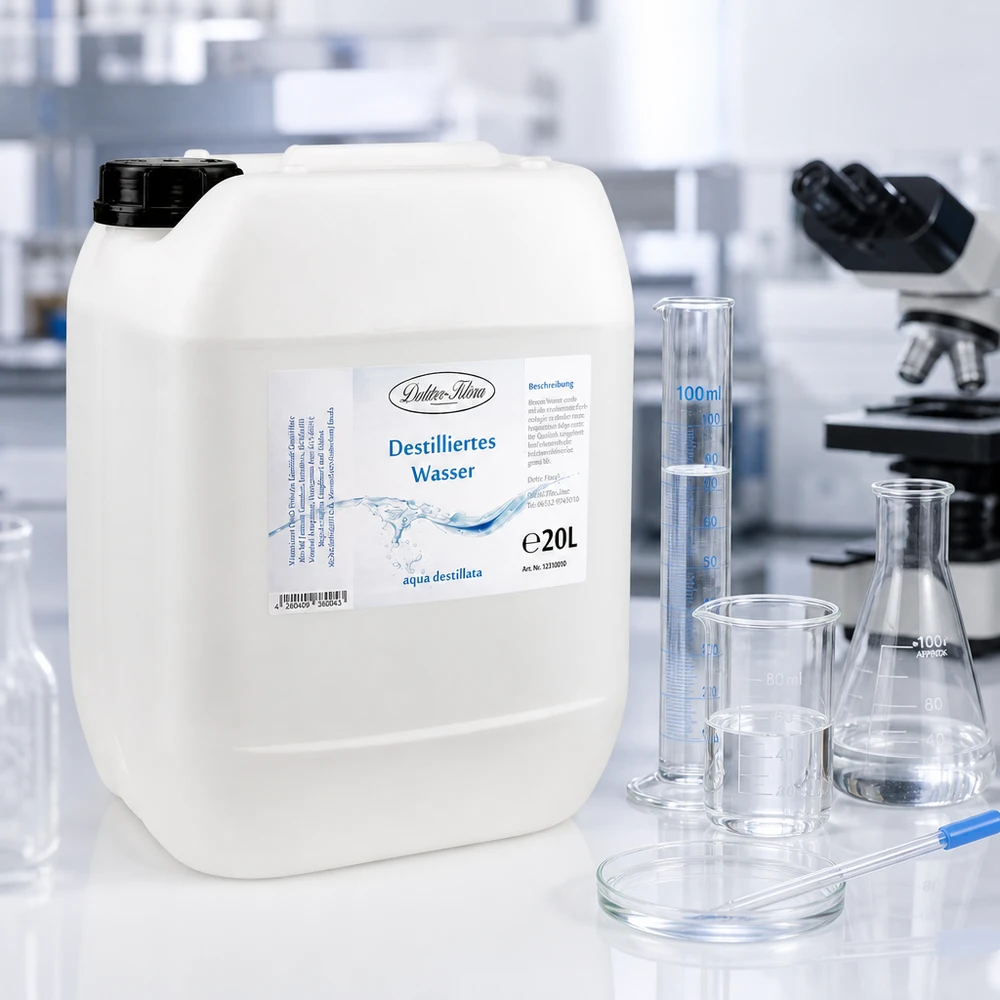 20 litros de água destilada Doutor Klaus num ambiente de laboratório transparente com material de vidro e microscópio
