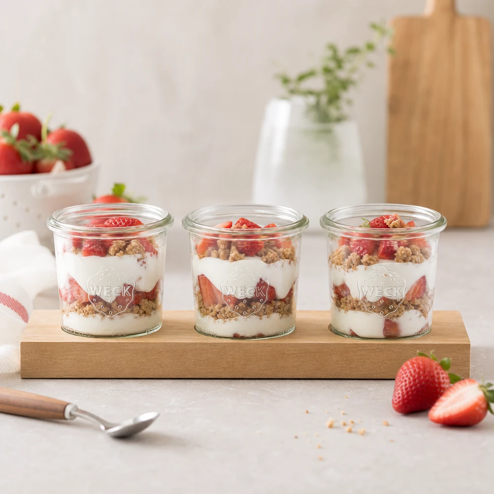 Tábua de servir Plano3 com 3 copos Weck de 140 ml Frascos WECK de 140 ml com iogurte e sobremesa em camadas de morango servidos prontos para o pequeno-almoço numa tábua de servir de madeira Plano3