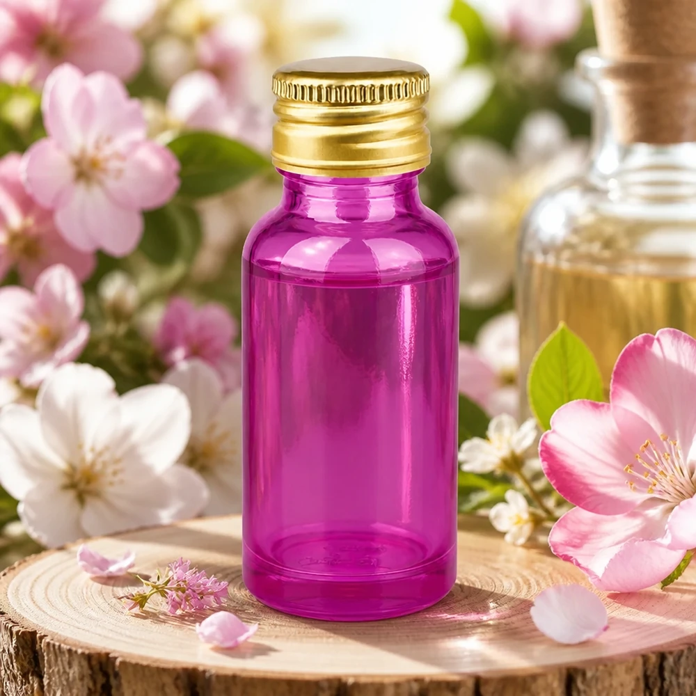 Frasco de vidro violeta elegante de 20 ml com rosca normalizada de 11 mm e tampa dourada