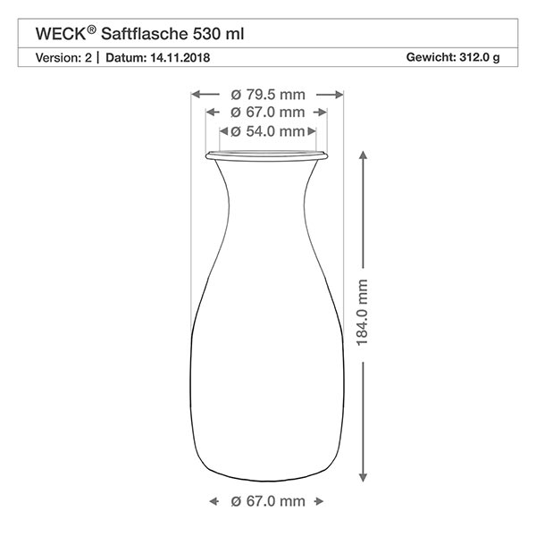 Conjunto de 24 frascos Weck de 530ml de sumo Desenho técnico da garrafa de sumo WECK 530ml com dimensões Diâmetro 67mm Altura 184mm Peso 312g