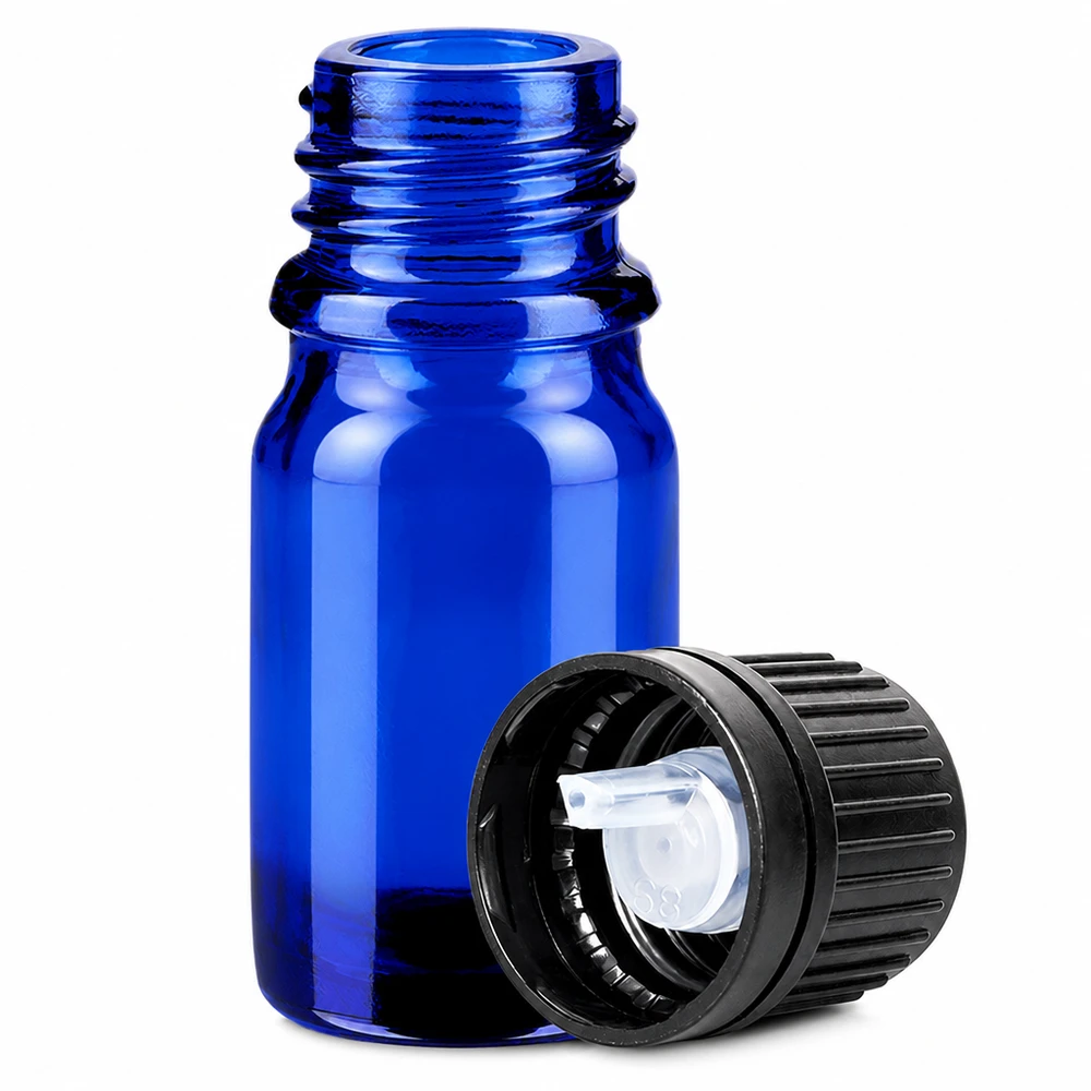 Frasco conta-gotas de 5 ml 1mm preto com fecho inviolável BlueLine UT18/5 Frasco de vidro azul de 5 ml com conta-gotas de 1 mm para uma dosagem precisa de pequenas quantidades de líquido
