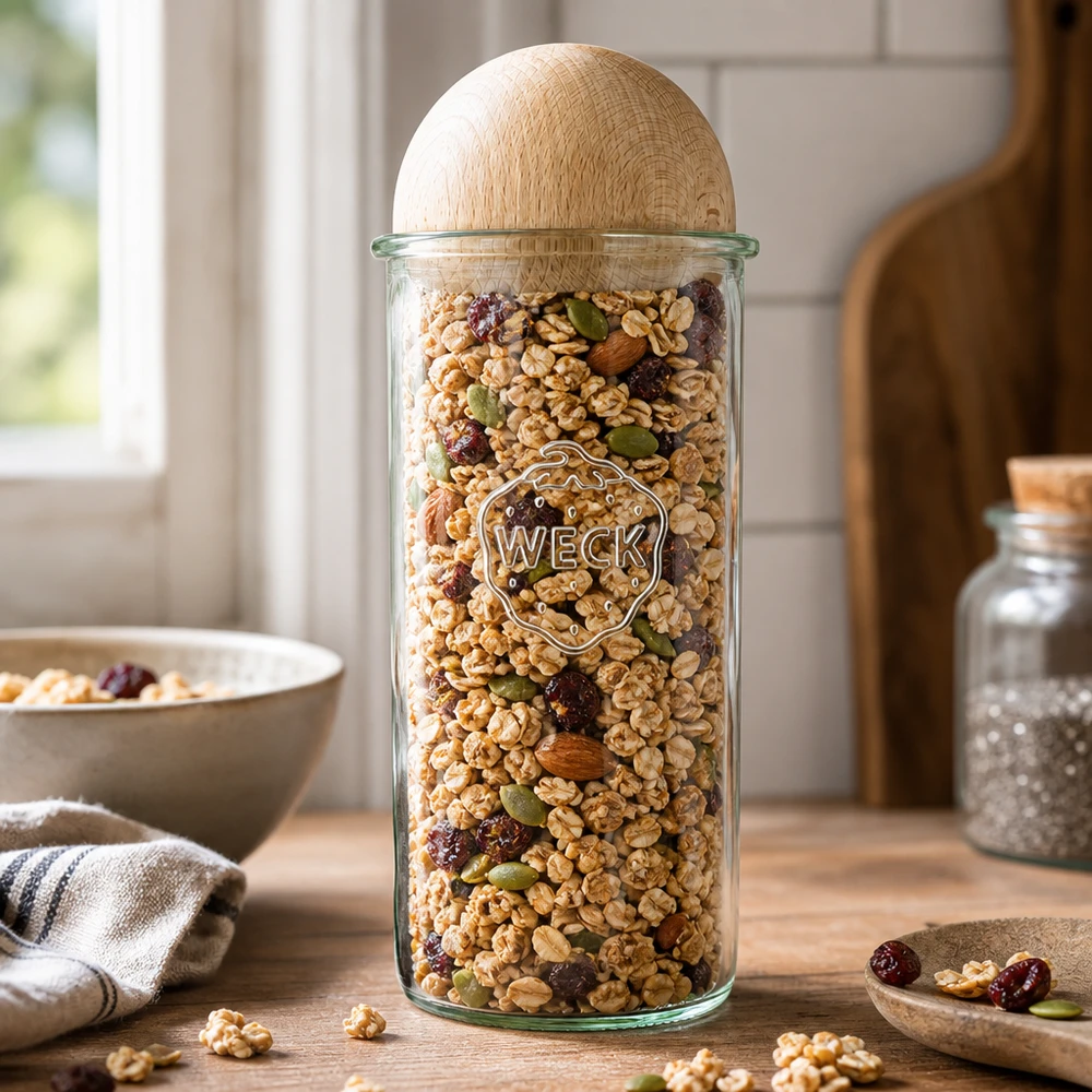 Copos de vidro de 1500ml WECK RR100 com bola de madeira faia Frasco de armazenamento WECK de 1500 ml cheio de muesli e nozes, tampa esférica de madeira de faia, ambiente de cozinha com taça