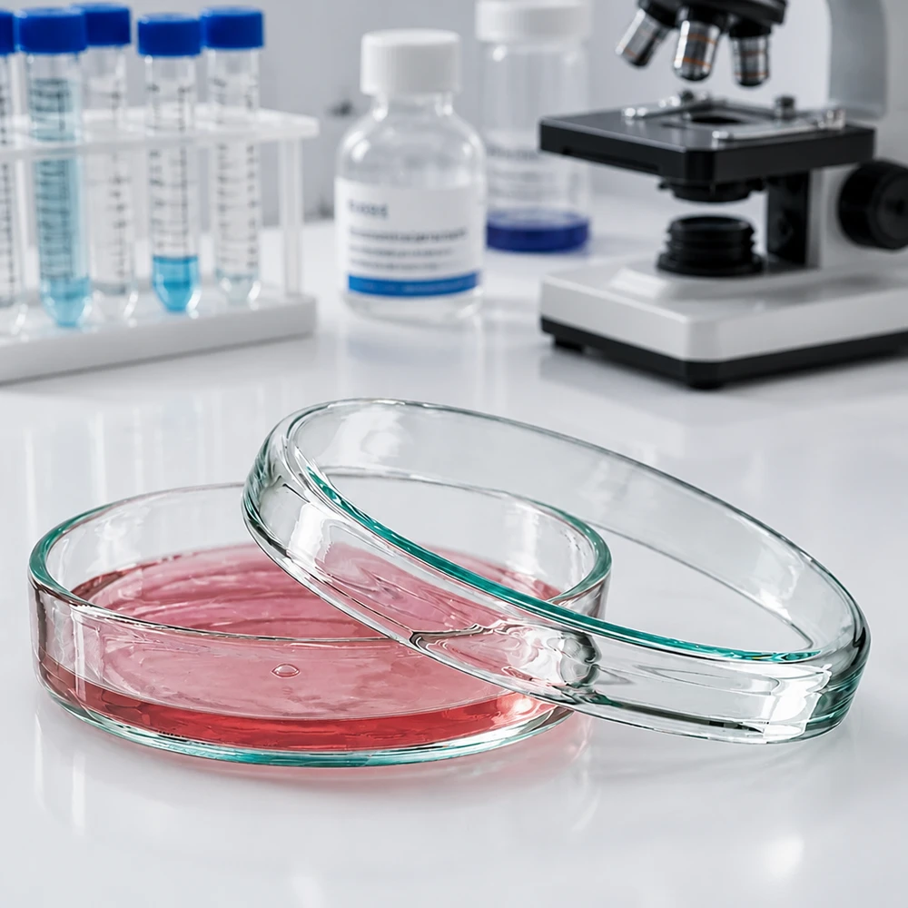 Placa de Petri de vidro, 70 x 15 mm, com meio de cultura vermelho e tampa removida, no laboratório de microbiologia