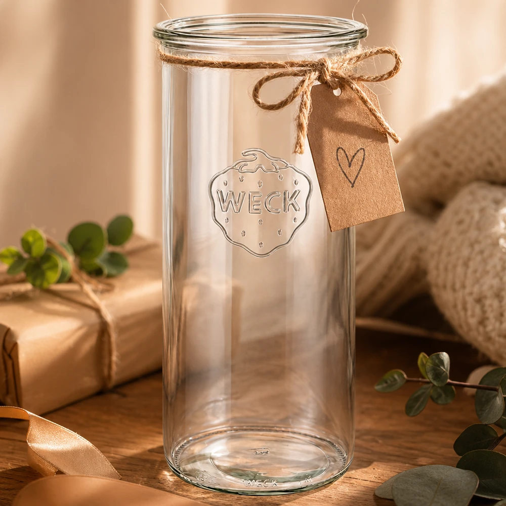 Frasco de vidro de 1500 ml WECK RR100 Copos WECK 1500ml RR100 com pendente em forma de coração e laço numa mesa de madeira decorada com plantas verdes