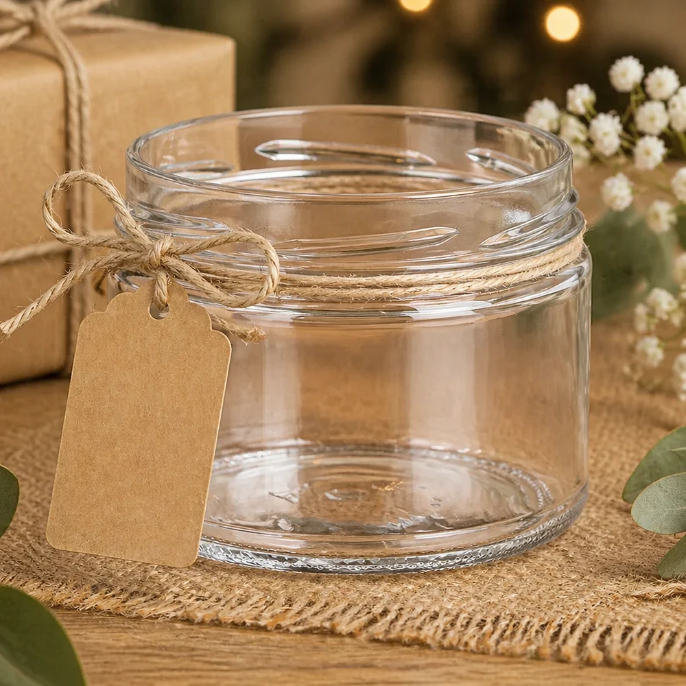 Copos UNiTWIST Runda540 540ml TO100 com fita de ráfia e etiqueta de oferta decorada num fundo de juta rústica