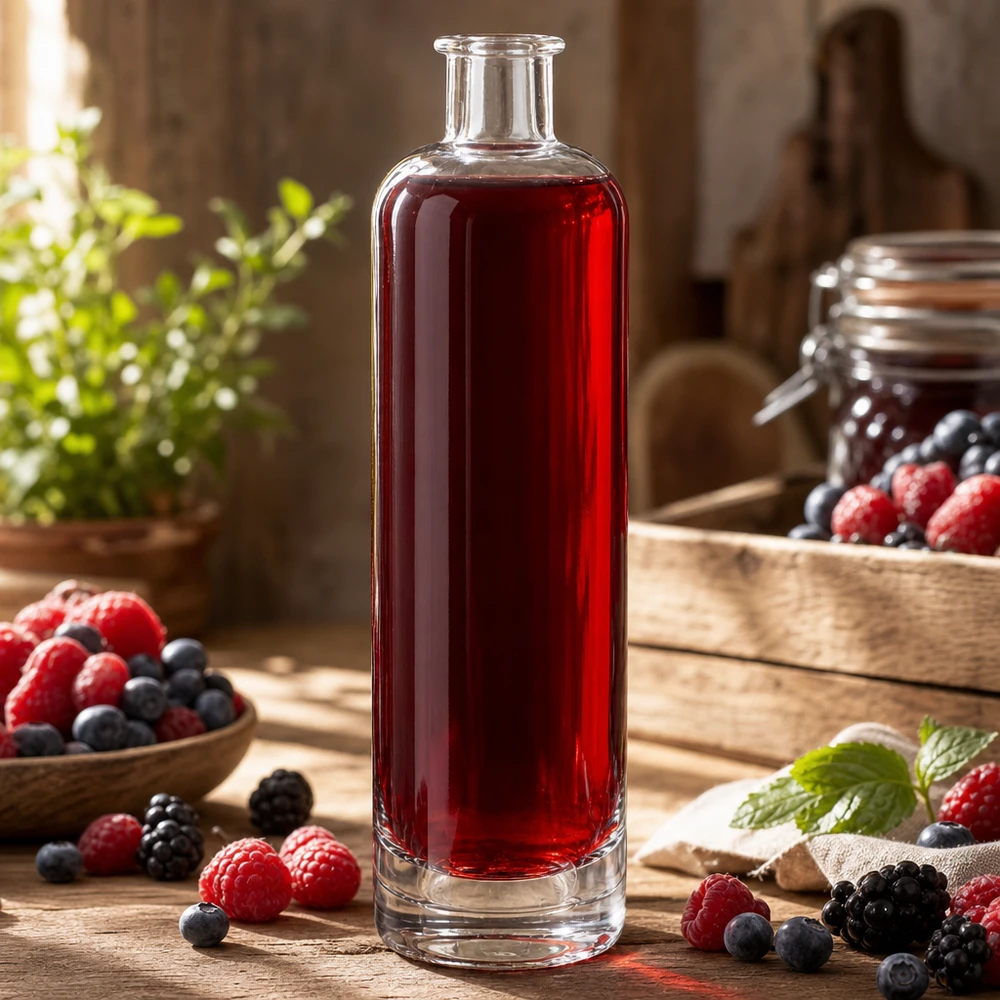 Garrafa de vidro de 500 ml de Ella UNiTWIST cheia de sumo de frutos vermelhos rodeado de framboesas e mirtilos frescos