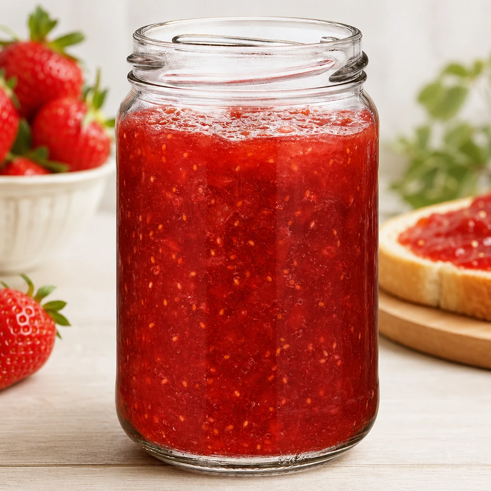 Frasco redondo de 305ml sem tampa (TO63) UNiTWIST UNiTWIST Runda305 frasco redondo de 305 ml TO63 cheio de compota de morango vermelho, frasco de conservação para compotas e pastas para barrar
