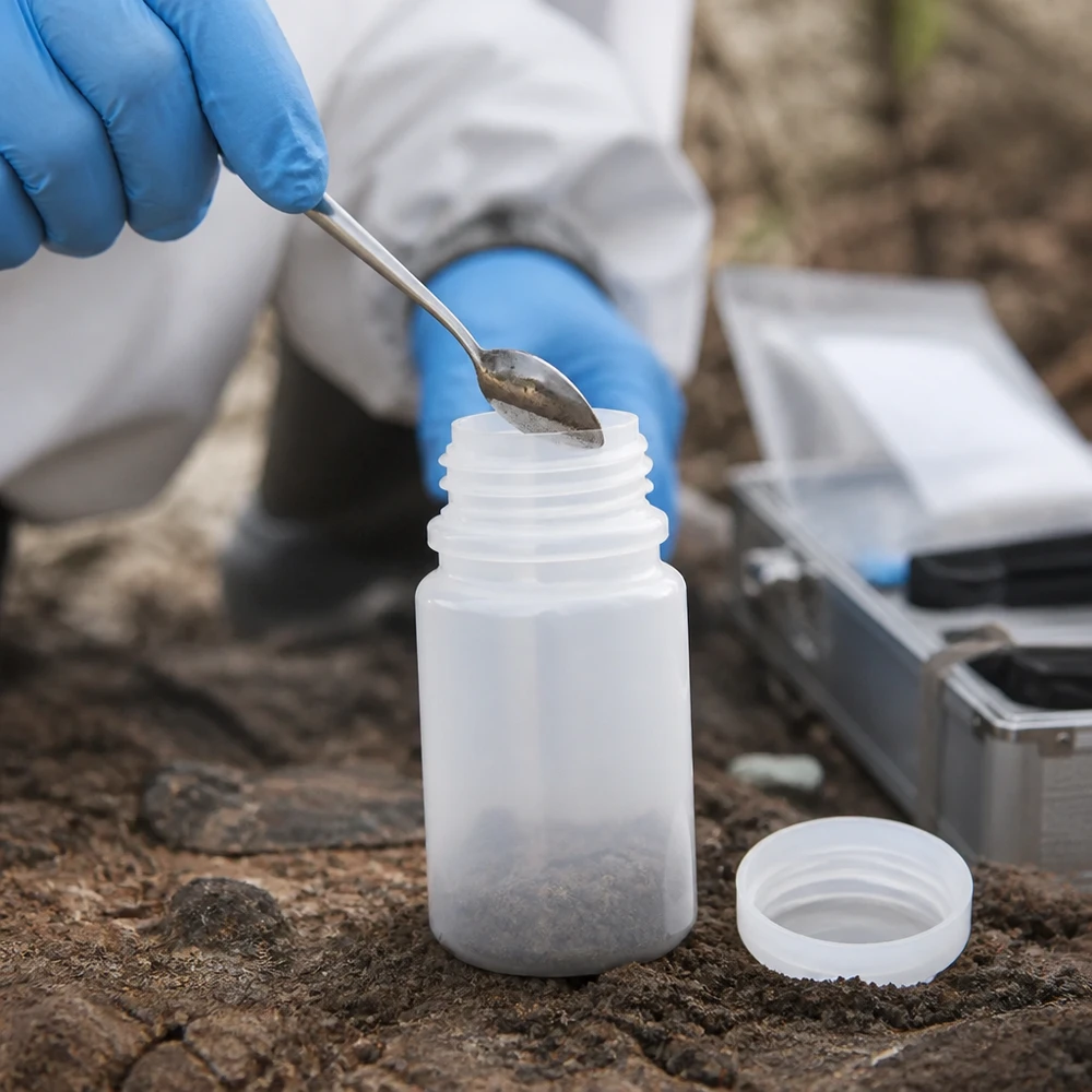Análise do solo no terreno com um frasco de laboratório de plástico de gargalo largo com 50 ml e uma colher, ao ar livre