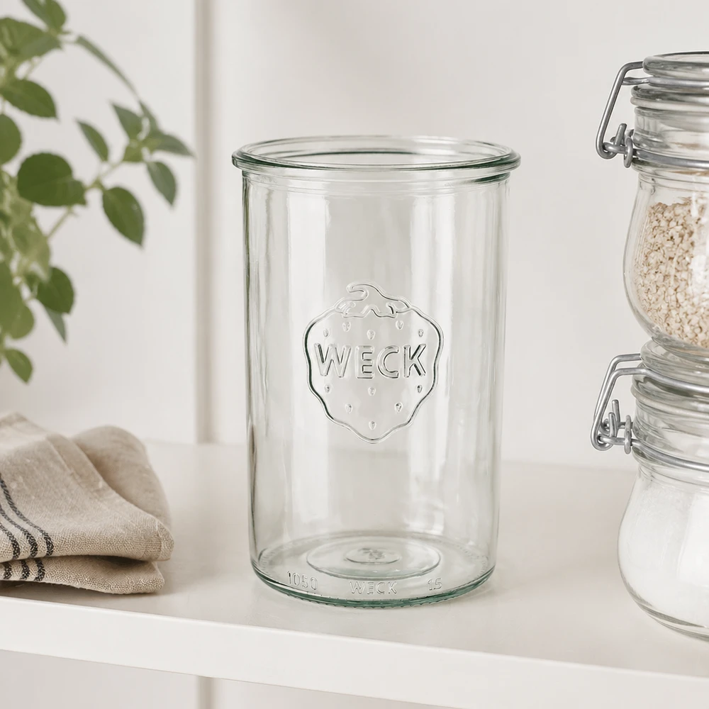 Frasco de vidro de 1000 ml WECK RR100 Frasco de vidro transparente WECK 1000ml RR100 com o logótipo WECK para conservar e armazenar na cozinha