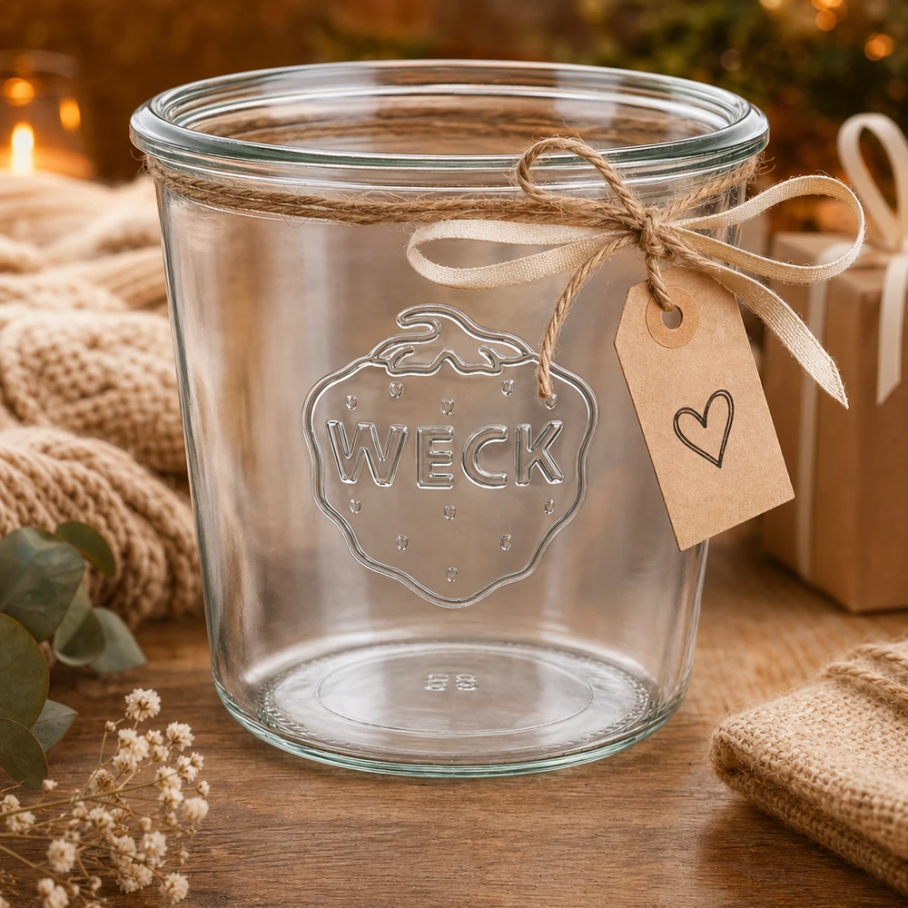 Copos de vidro WECK 580ml RR100 com relevo e fita decorativa de oferta numa mesa de madeira