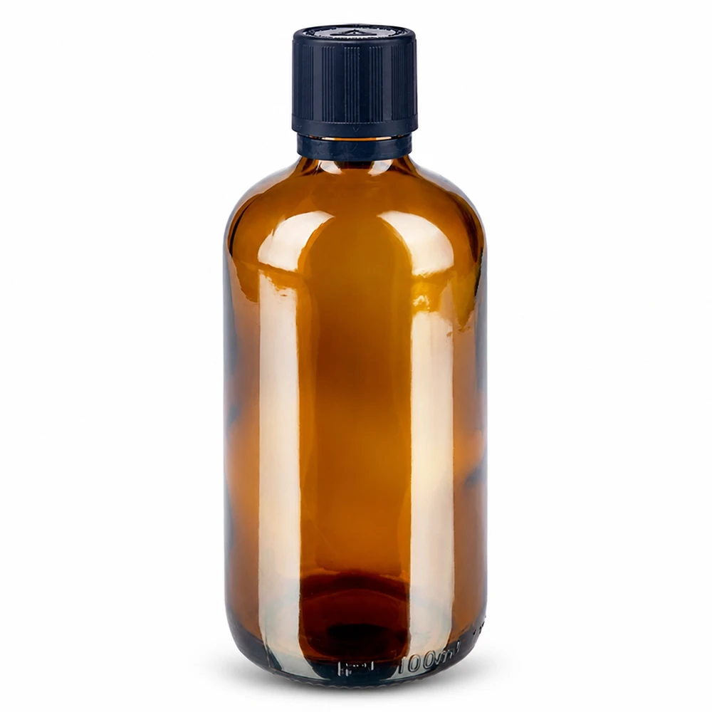 Frasco de vidro castanho de 100 ml com tampa conta-gotas preta e segurança para crianças, destinado a uso farmacêutico