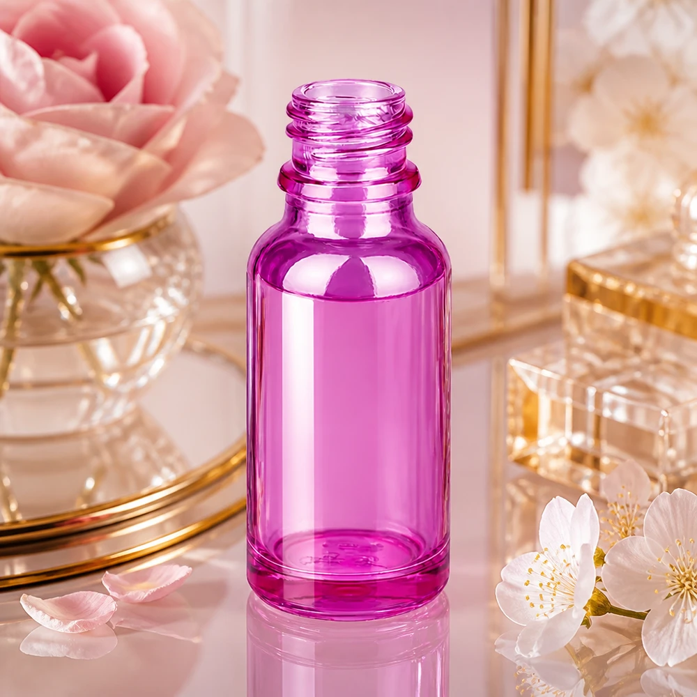 Frasco compacto de vidro PurpleLine de 20 ml em roxo com rosca UNiTWIST UT18/20 para cosméticos e produtos farmacêuticos