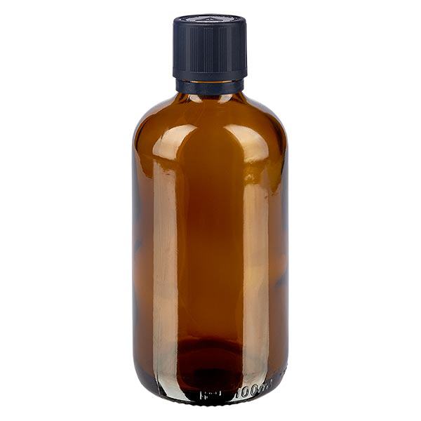 Frasco de farmácia castanho 100ml tampa com conta-gotas Premium 1mm preto Símbolo de aviso inviolável resistente a crianças Tampa inviolável