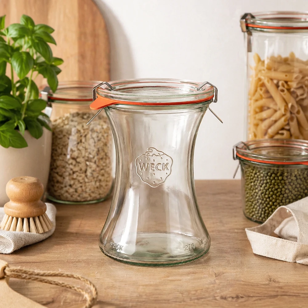 Frasco de conserva de 370 ml, completo, WECK RR80 Frasco de charcutaria WECK 370ml RR80 na cozinha de arrumação entre frascos de conserva cheios com massa lentilhas manjericão planta