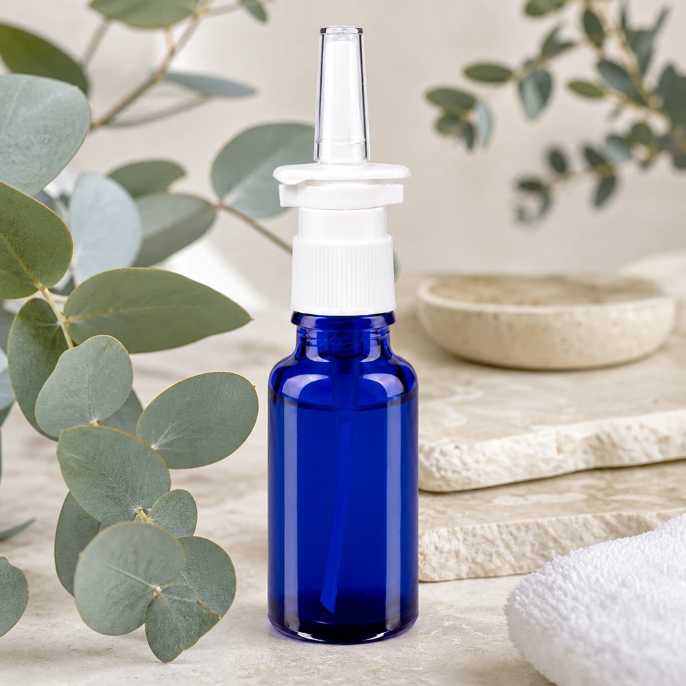 Frasco azul de 20 ml para spray nasal, em vidro de farmácia, com bico dosador branco, em frente a ramos de eucalipto