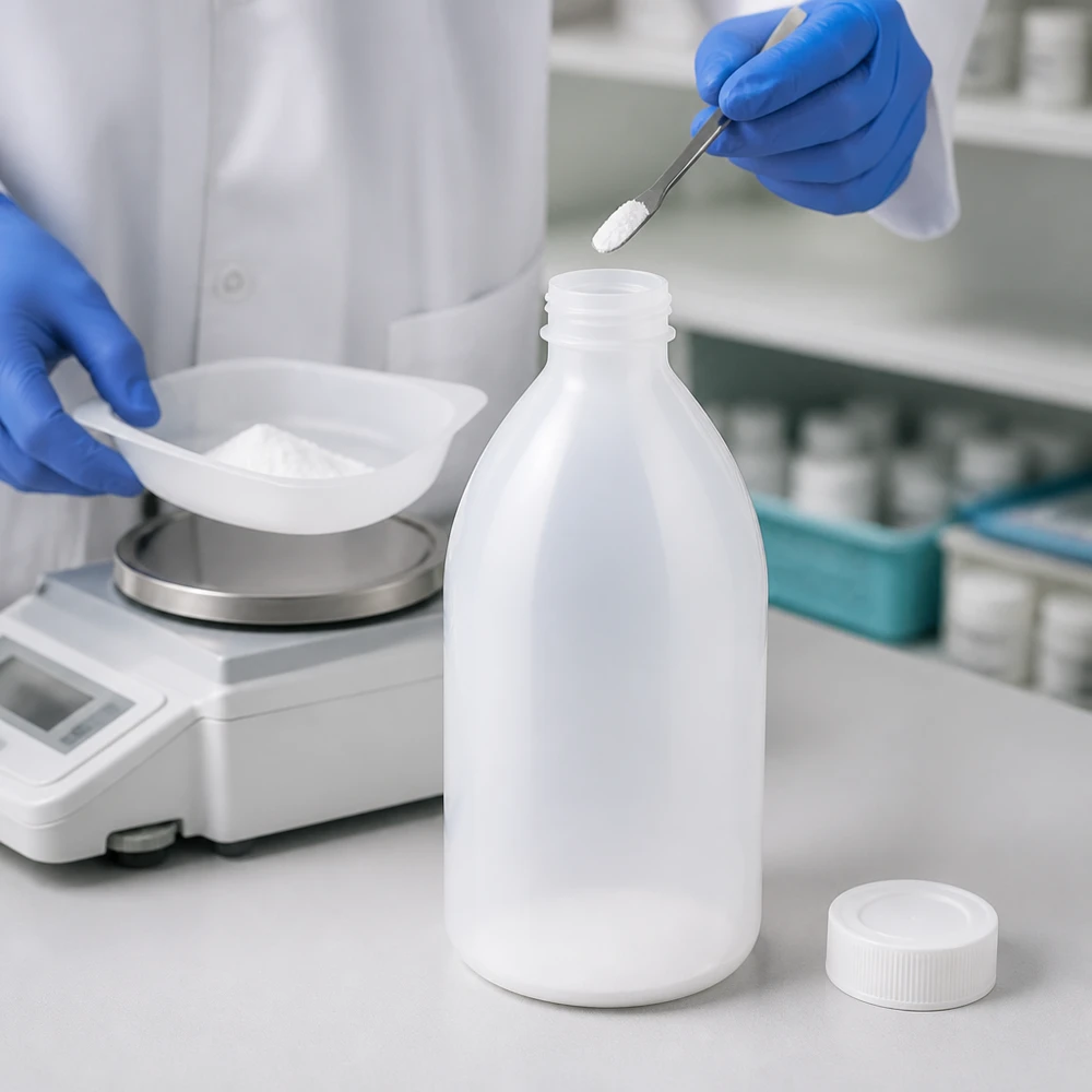 Frasco de rosca de 1000 ml, frasco de laboratório com gargalo estreito Chemikalienflasche 1000ml Enghals beim professionellen Abfüllprozess mit Schutzhandschuhen